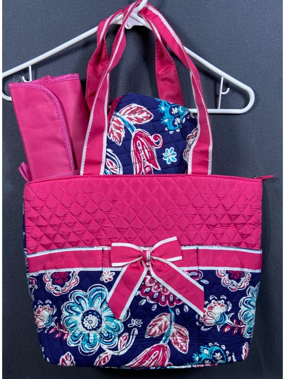 NEW NGIL Quilted Navy Garden Flower Bow Tote w/ Accessories Ready for Monogram